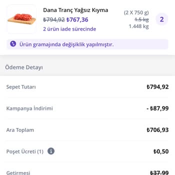 Getirçarşı Siparişimde Yağlı Kıyma Sorunu