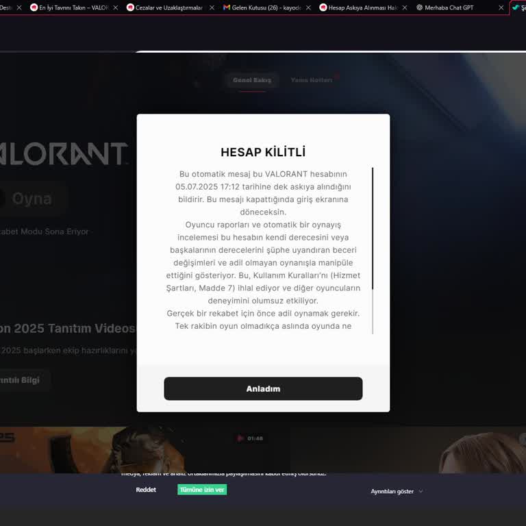 Valorant Haksız Hesap Askıya Alınması