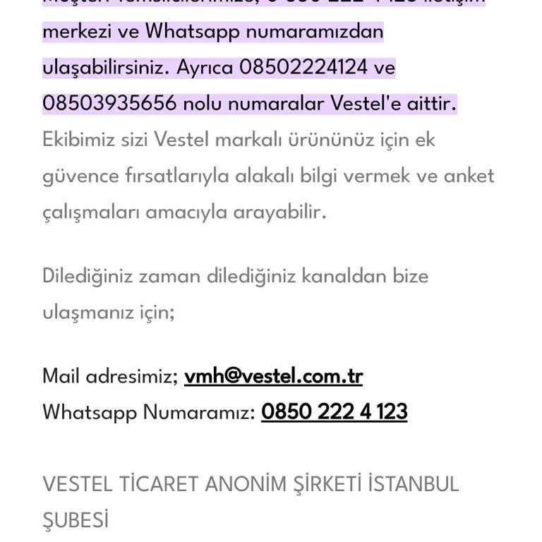 Vestel Müşteri Hizmetleri İle Yaşanan Sorun