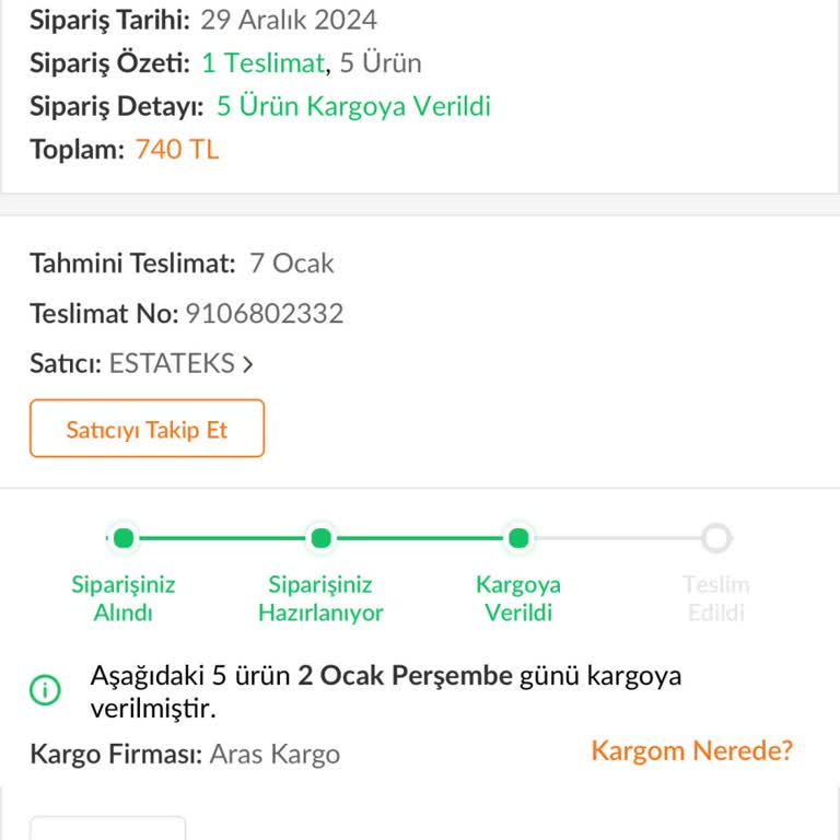 Estateks Trendyol'da Siparişlerim Nerede?