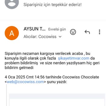 Cocowiss Chocolate'dan Siparişlerim Nerede?