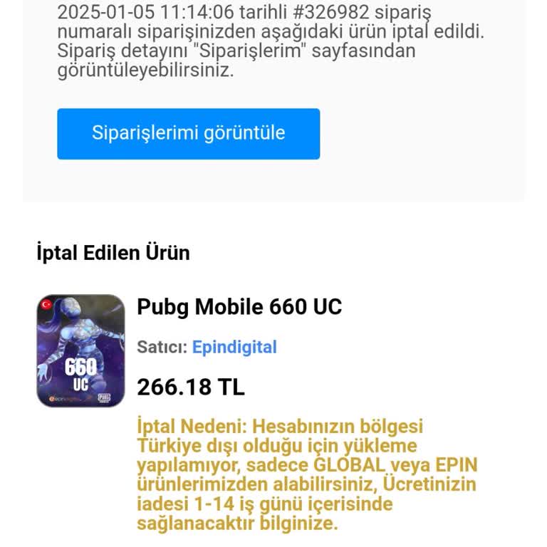 PUBG Mobile UC İadesi Bekleyen Müşteri