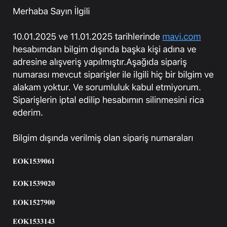 Yetkisiz Siparişler: Mavi.com Hesabımda Güvenlik Sorunu