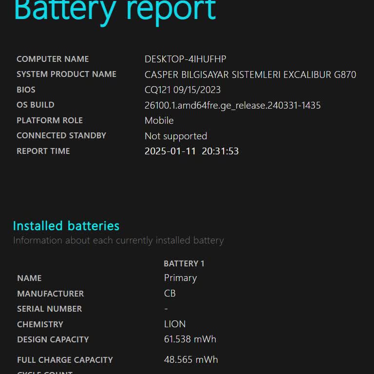 Excalibur G870 Laptop Batarya Sağlığı Sorunu