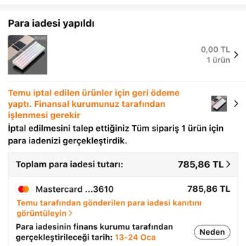 İptal Edilen Siparişin İadesi Yapılmadı