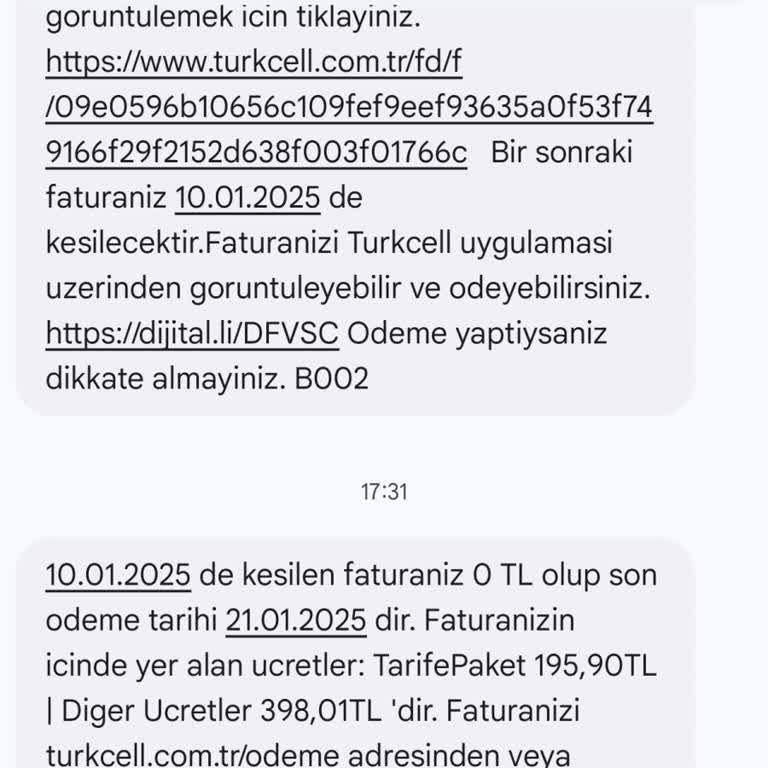 Taşınan Hatta Gelen Fatura Mesajları