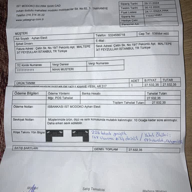 Teslim Edilmeyen Köşe Takımı Ve Yetersiz Müşteri Hizmetleri