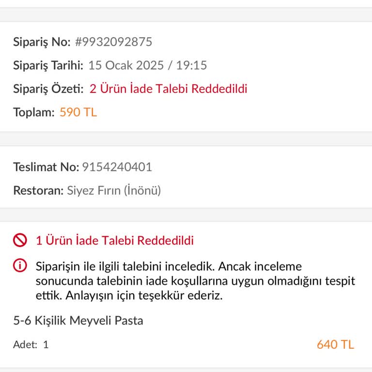 Trendyol GO'dan Yanlış Pasta Ve İade Sorunu