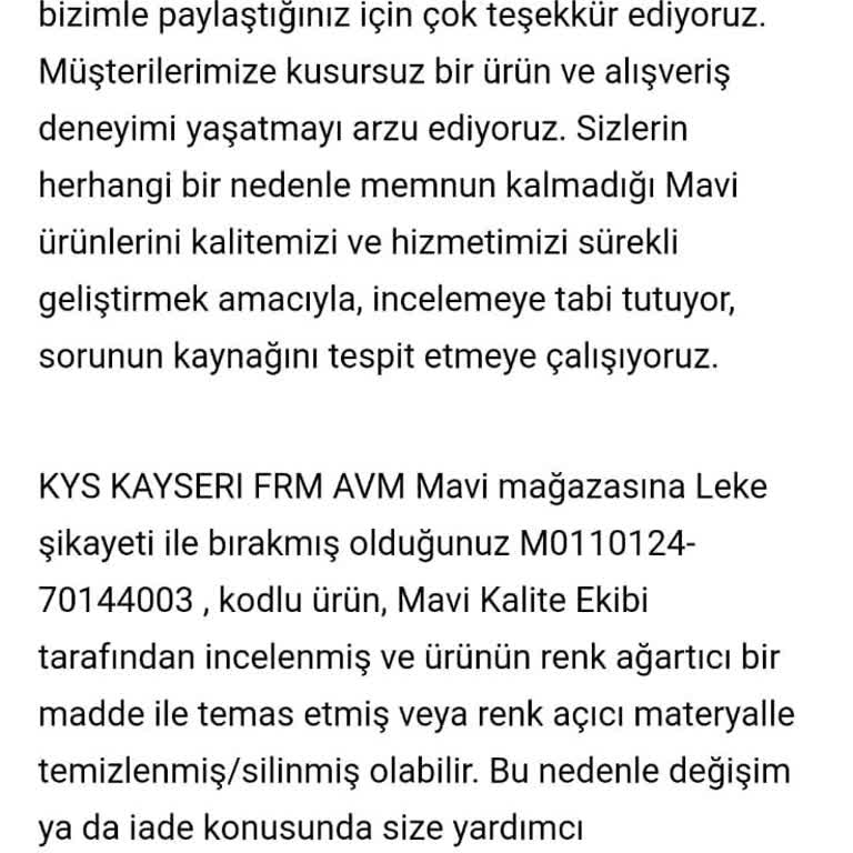 Mavi Montta Kalıcı Leke Sorunu Ve Yetersiz Müşteri Hizmeti