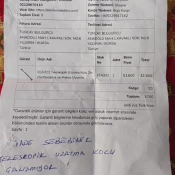 Yanlış Gönderilen Arızalı Ürün