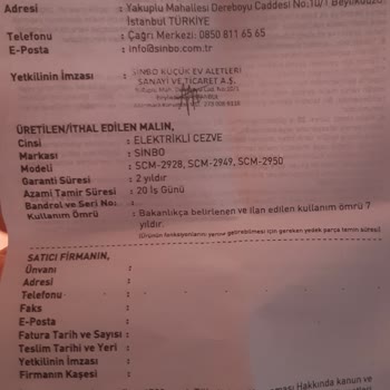Sinbo Elektrikli Cezve: Sürekli Arızalanan Açma-Kapama Düğmesi Ve Yetersiz Müşteri Hizmetleri