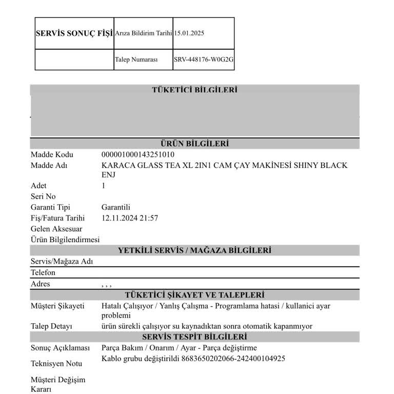Karaca Çay Makinesi Arızası Ve Yetersiz Müşteri Hizmeti
