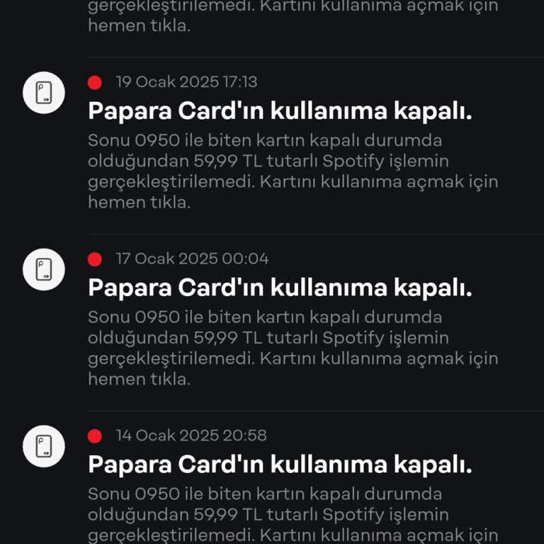 Papara Kartımdan Yetkisiz Harcama Girişimleri
