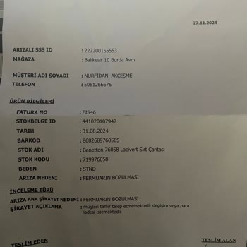 Fermuar Sorunu Ve Yetersiz Müşteri Hizmeti