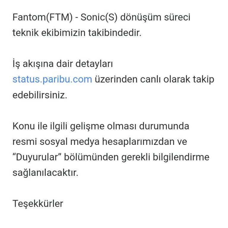 Paribu'da Fantom Coin Dönüşüm Sorunu