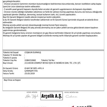 Arçelik Çamaşır Makinesi Ek Garanti Sorunu