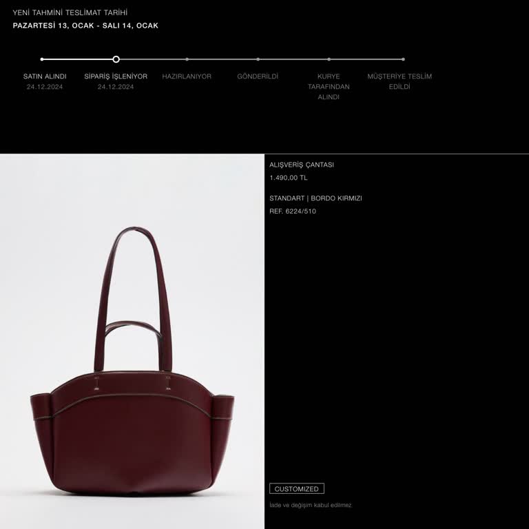 Zara'dan Kişiselleştirilmiş Çanta Teslimatında Sorun