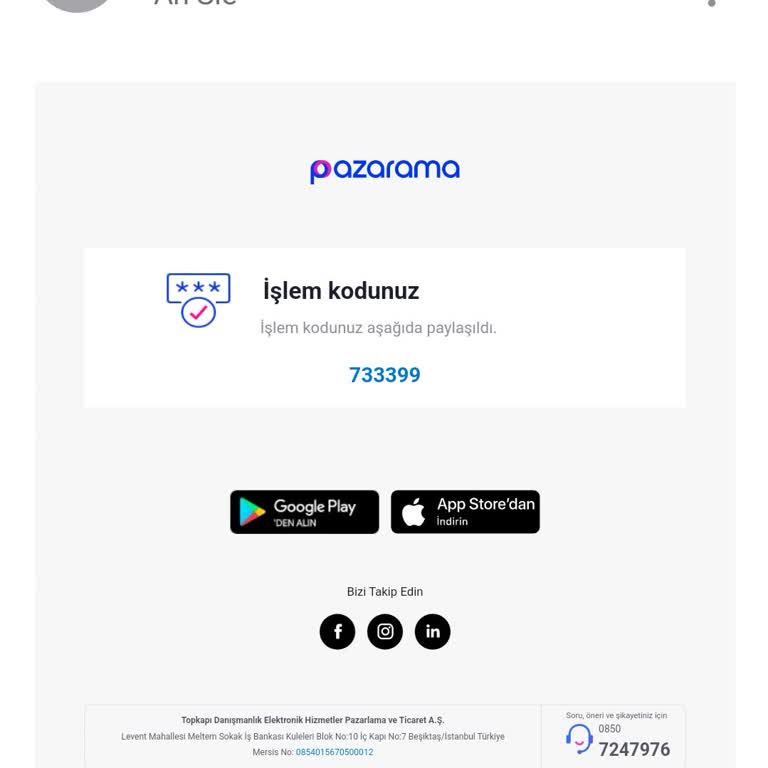 Pazarama Hesabım Olmadan Gelen İşlem Kodu Maili