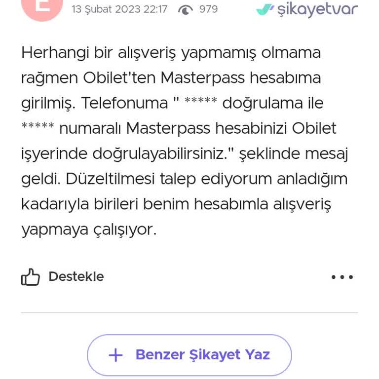 Yetkisiz Masterpass Kullanımı Hakkında Acil Düzeltme Talebi