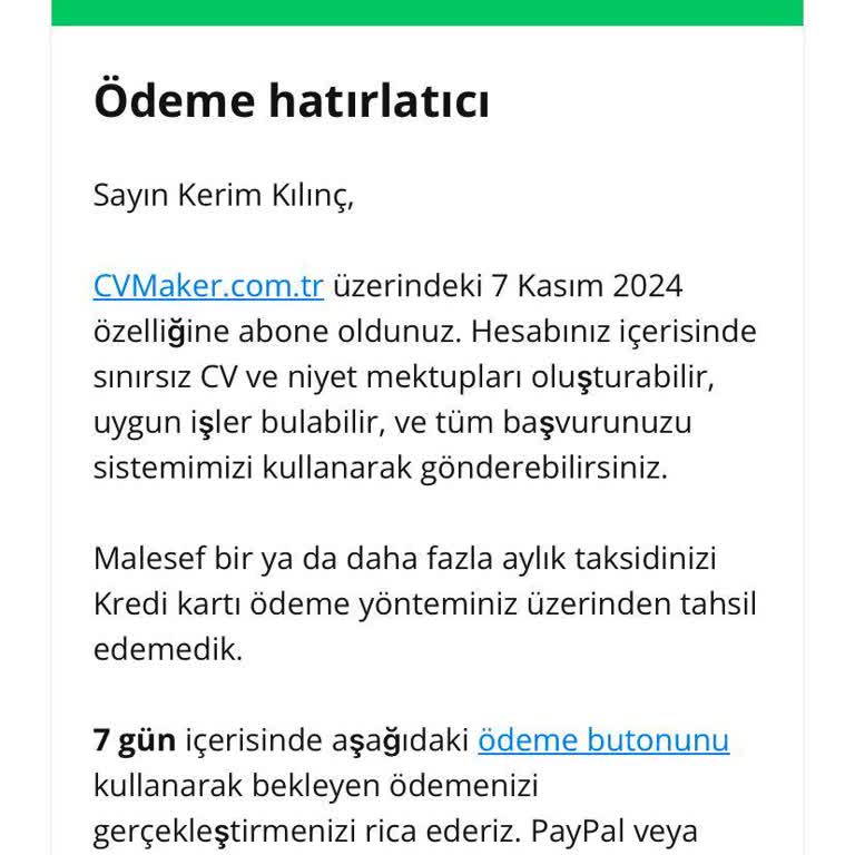 CV Maker Üyelik Ücreti Ve İletişim Eksikliği Şikayeti