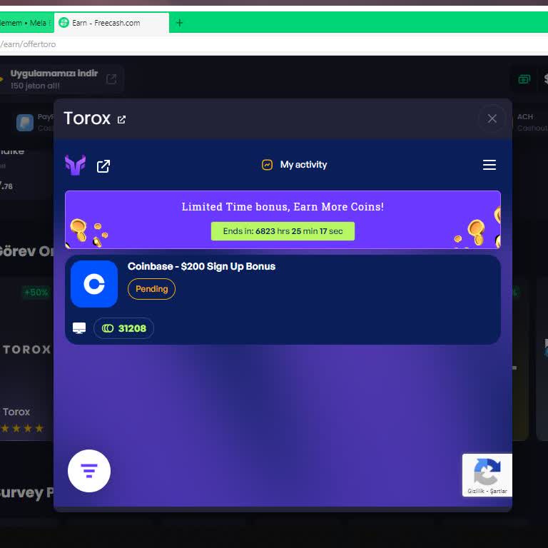 Freecash Torox Coinbase Reward Stuck in Pending