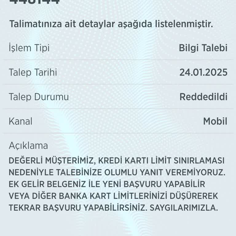 Kredi Kartı Limit Artışı Talebine Olumsuz Yanıt