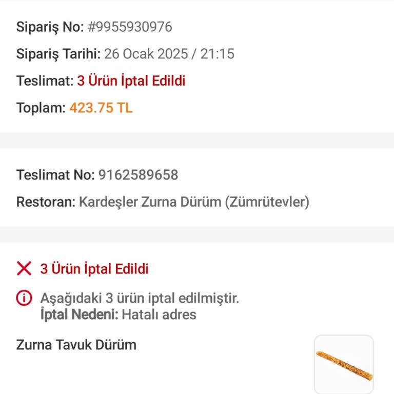 Trendyol Yemek Adres Hatası Nedeniyle İptal Edilemeyen Sipariş Mağduriyeti