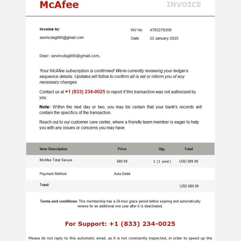 McAfee Üzerinden İstenmeyen Otomatik Ödeme Ve Sahte E-posta Uyarısı