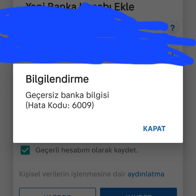 Geçersiz Banka Bilgisi Hatası