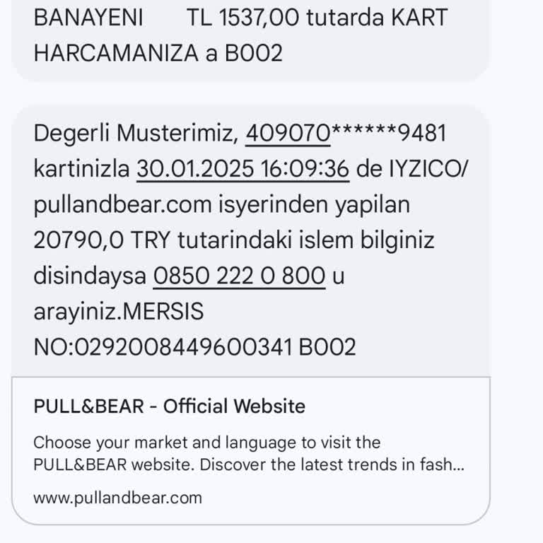 Pull and Bear Kredi Kartı Bilgilerimle Yapılan Yetkisiz Harcama Sorunu