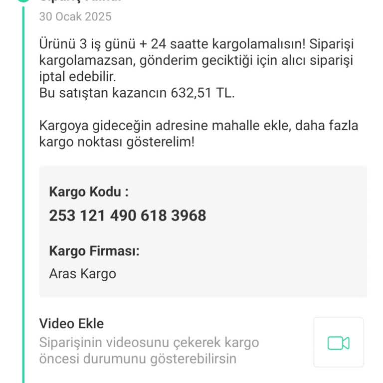 Kargo Teslimatı Sisteme Girilmedi
