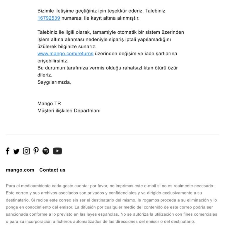 Mango'dan Sipariş İptali Sorunu