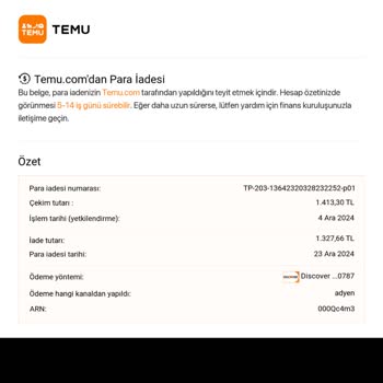 İade Ücreti Sorunu: Temu'dan Geri Ödeme Bekliyorum