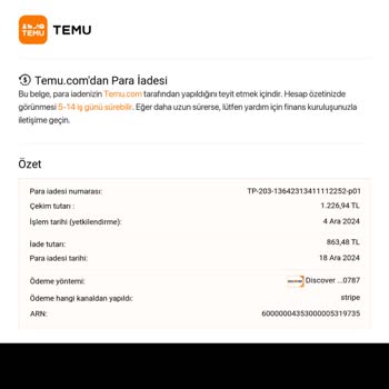 İade Ücreti Sorunu: Temu'dan Geri Ödeme Bekliyorum
