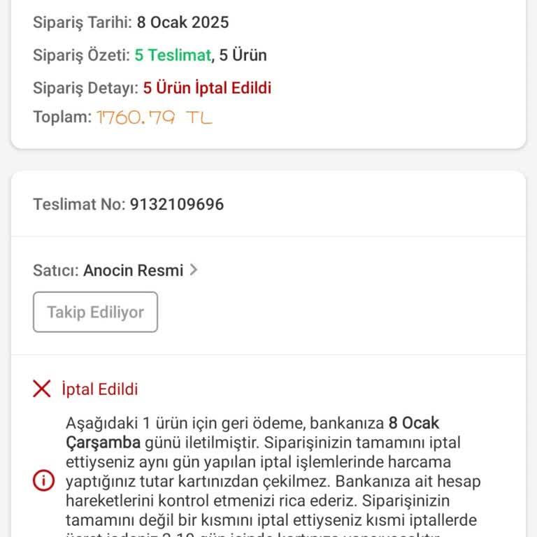 İptal Edilen Siparişin Ücreti Halen İade Edilmedi