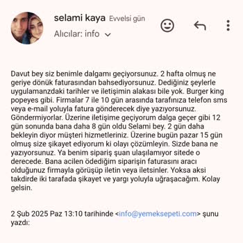 Faturamı Alamıyorum: Yemeksepeti Ve Burger King Mağduriyeti