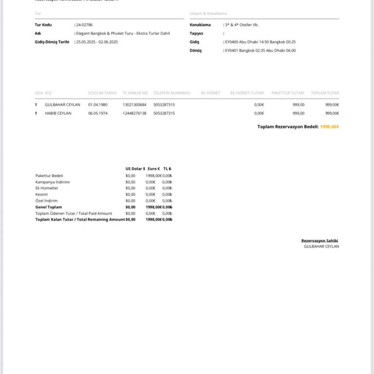 Tayland Turu İçin Cevapsız Kalan Müşteri
