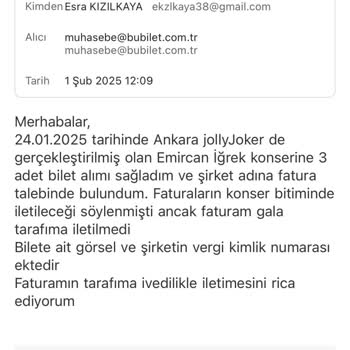 Fatura Gönderim Sorunu: Bubilet'ten Çözüm Bekliyorum
