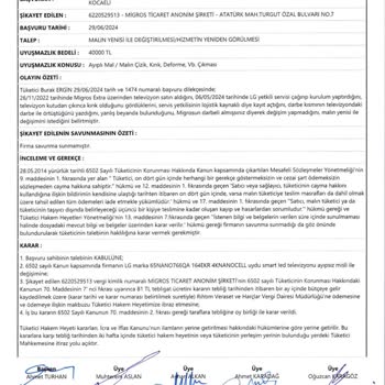Migros'un Tüketici Hakem Heyeti Kararını Yok Sayarak Müşteriyi Mağdur Etmesi