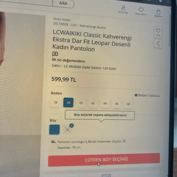 LCW Mobil Uygulamada Boy Seçimi Sorunu