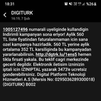 Digiturk'ten Sürekli Taahhüt Hatırlatma Mesajları