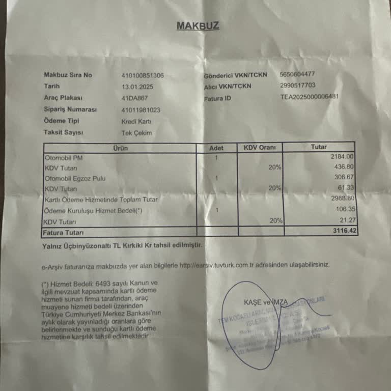 Araç Muayene Faturası Alınamıyor