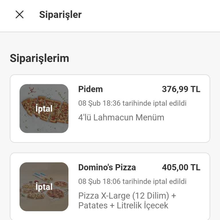 Yemeksepeti'nde Keyfi İptal Edilen Siparişler