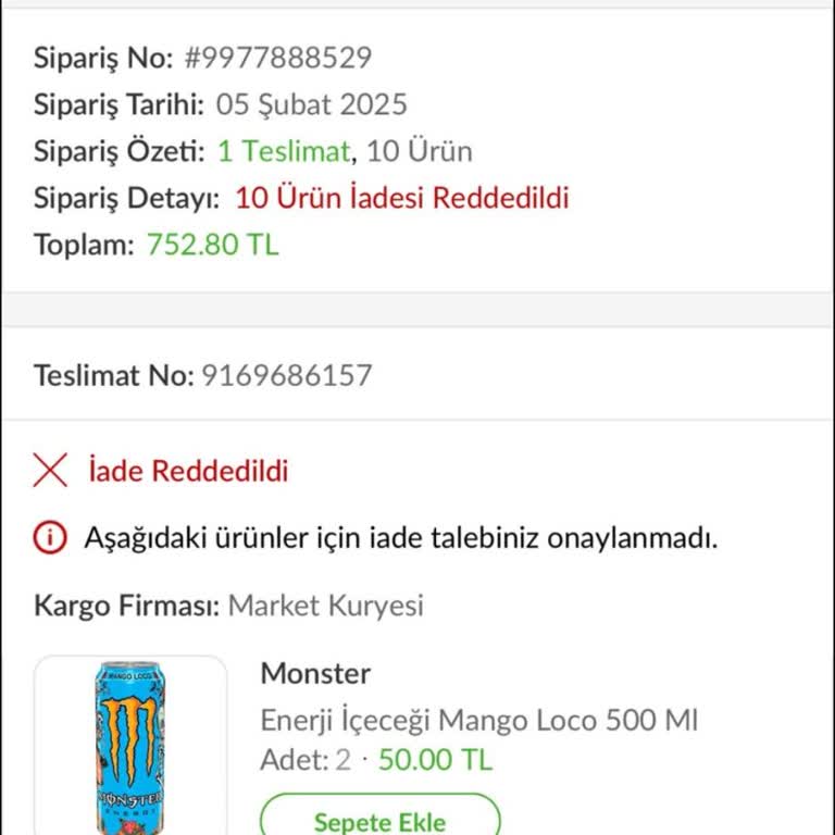 Trendyol Sanal Market Teslimat Sorunu Ve İade Talebi