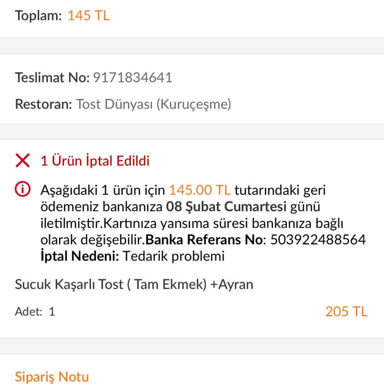 Trendyol GO Sipariş İptali Sonrası İade Sorunu
