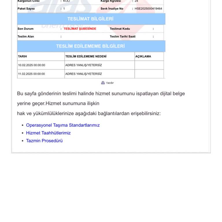 Aras Kargo Adres Yanlışlığı Nedeniyle Teslimat Sorunu
