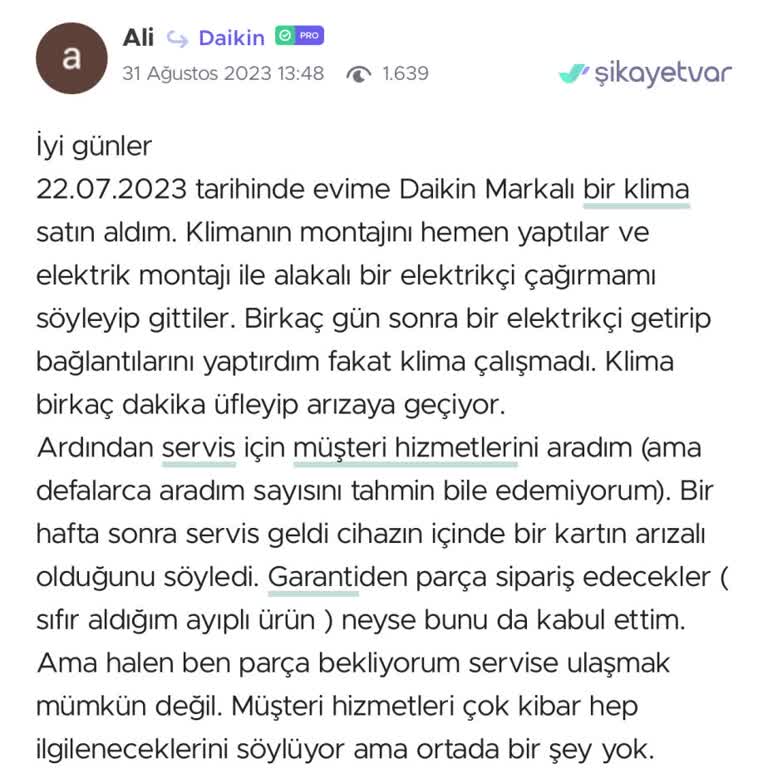 Daikin Klima Sorunu: Çözülemeyen Arıza Ve Yetersiz Servis