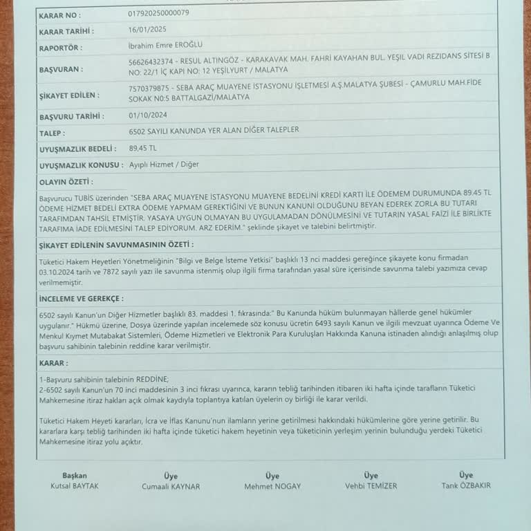 Haksız Ödeme Ücreti Ve Tüketici Hakem Heyeti Kararı