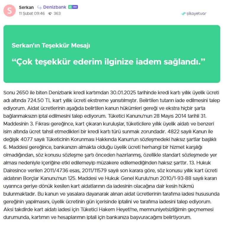 Denizbank Kart Aidatı İadesi Talebi