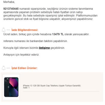 Yanlış Fiyatlandırma Nedeniyle İptal Edilen Sipariş